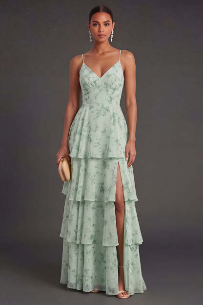 Leely Women A Line Tiered Dusty Sage Floral Long Wedding Guest Dress with Slit Spaghetti Straps Backless Garden Party Dress