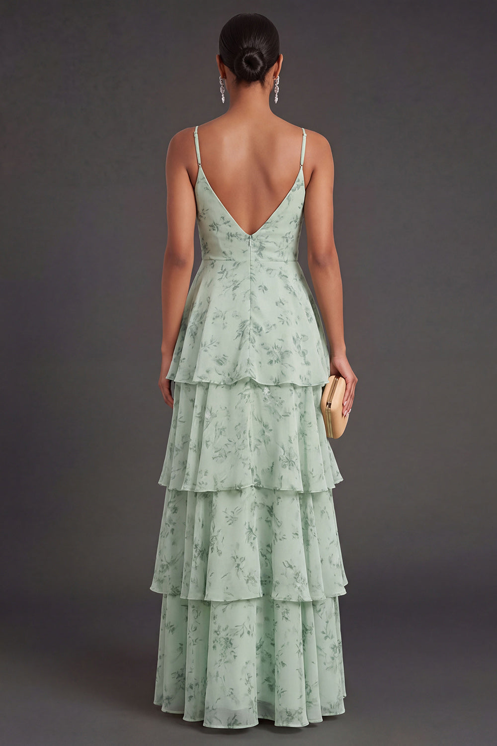 A Line Tiered Dusty Sage Floral Long Wedding Guest Dress with Slit