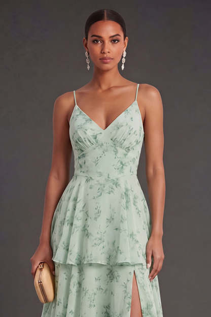 A Line Tiered Dusty Sage Floral Long Wedding Guest Dress with Slit