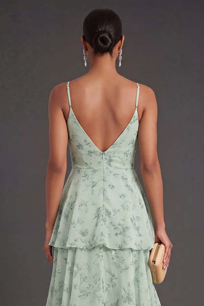 A Line Tiered Dusty Sage Floral Long Wedding Guest Dress with Slit
