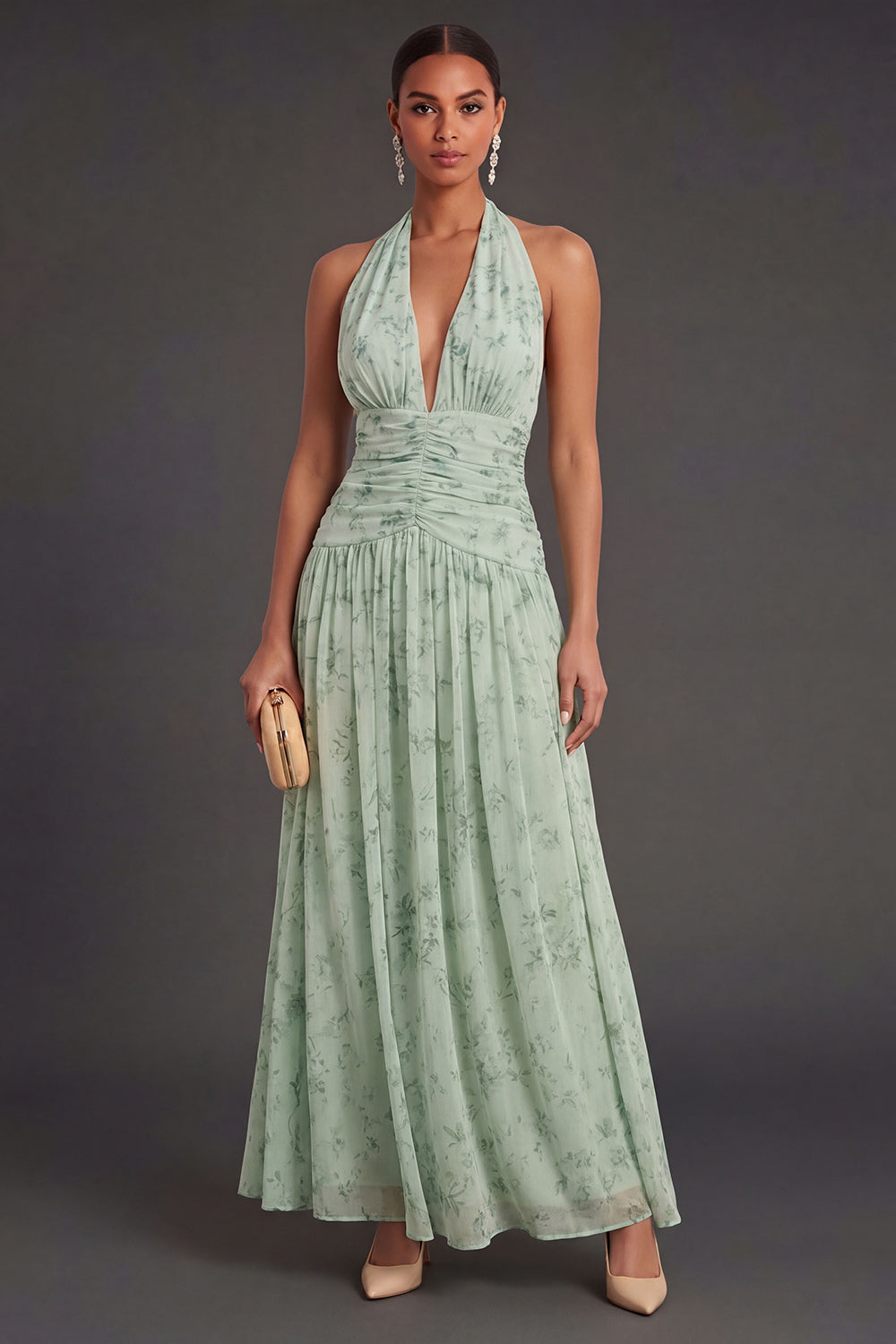 Leely Women A Line Dusty Sage Floral Long Wedding Guest Dress Halter Neck Backless Sleeveless Garden Party Dress