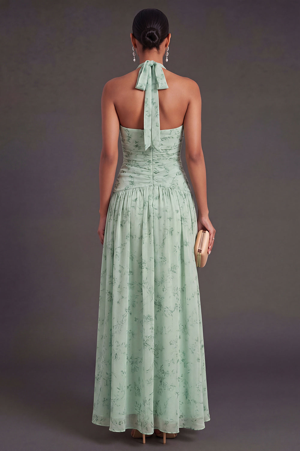 A Line Dusty Sage Floral Long Wedding Guest Dress