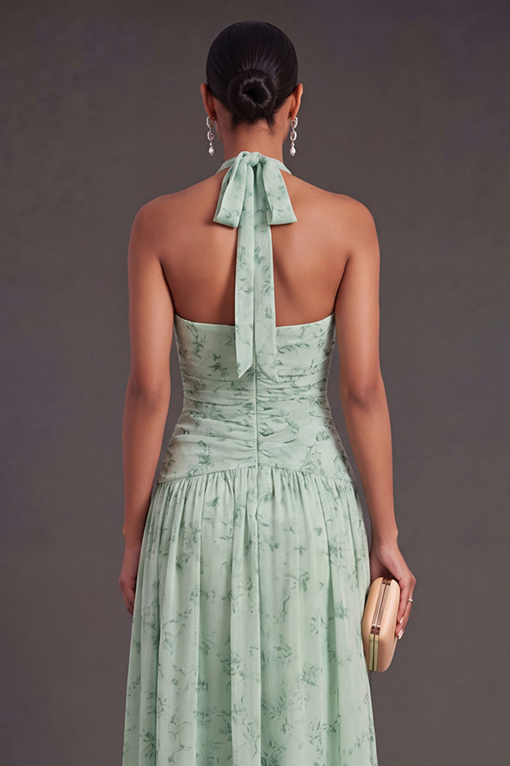 A Line Dusty Sage Floral Long Wedding Guest Dress