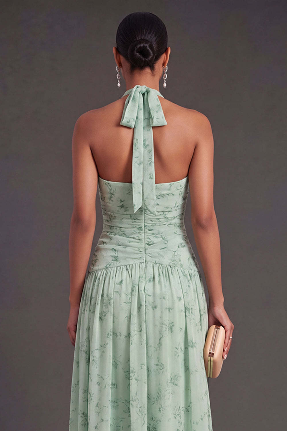 A Line Dusty Sage Floral Long Wedding Guest Dress