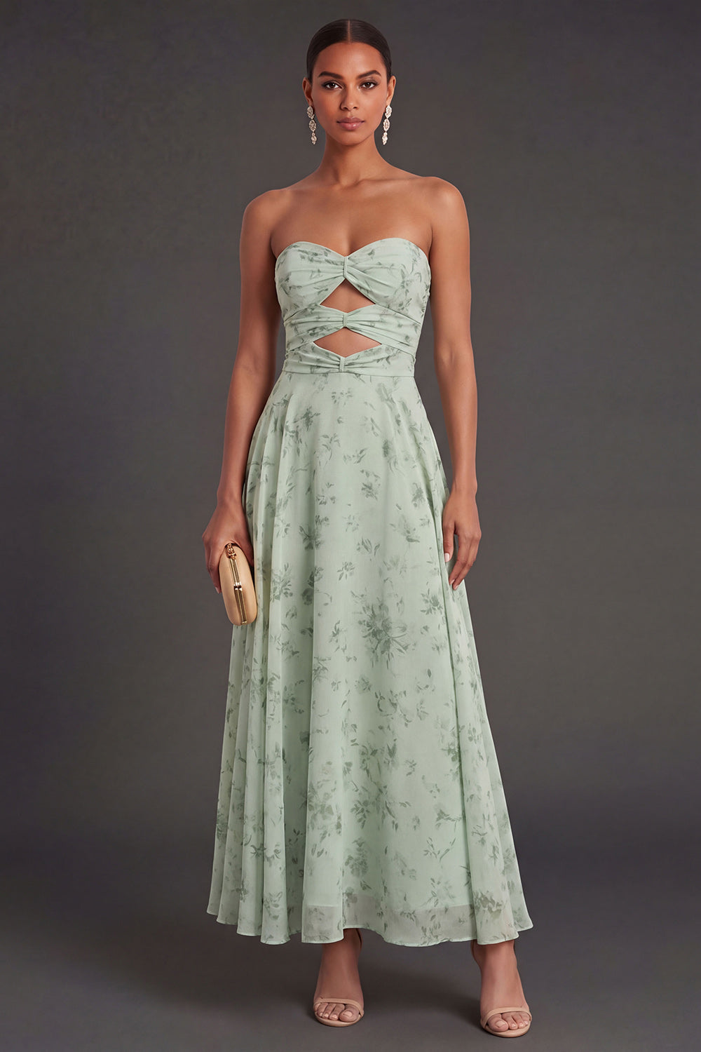 Cut Out A Line Dusty Sage Floral Long Wedding Guest Dress