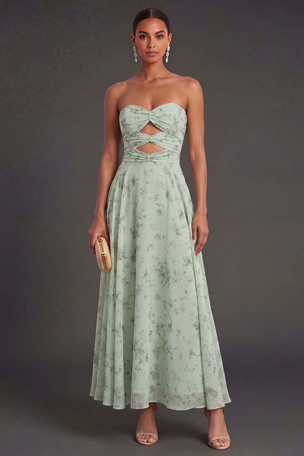 Leely Women Cut Out A Line Dusty Sage Floral Long Wedding Guest Dress Strapless Backless Garden Party Dress