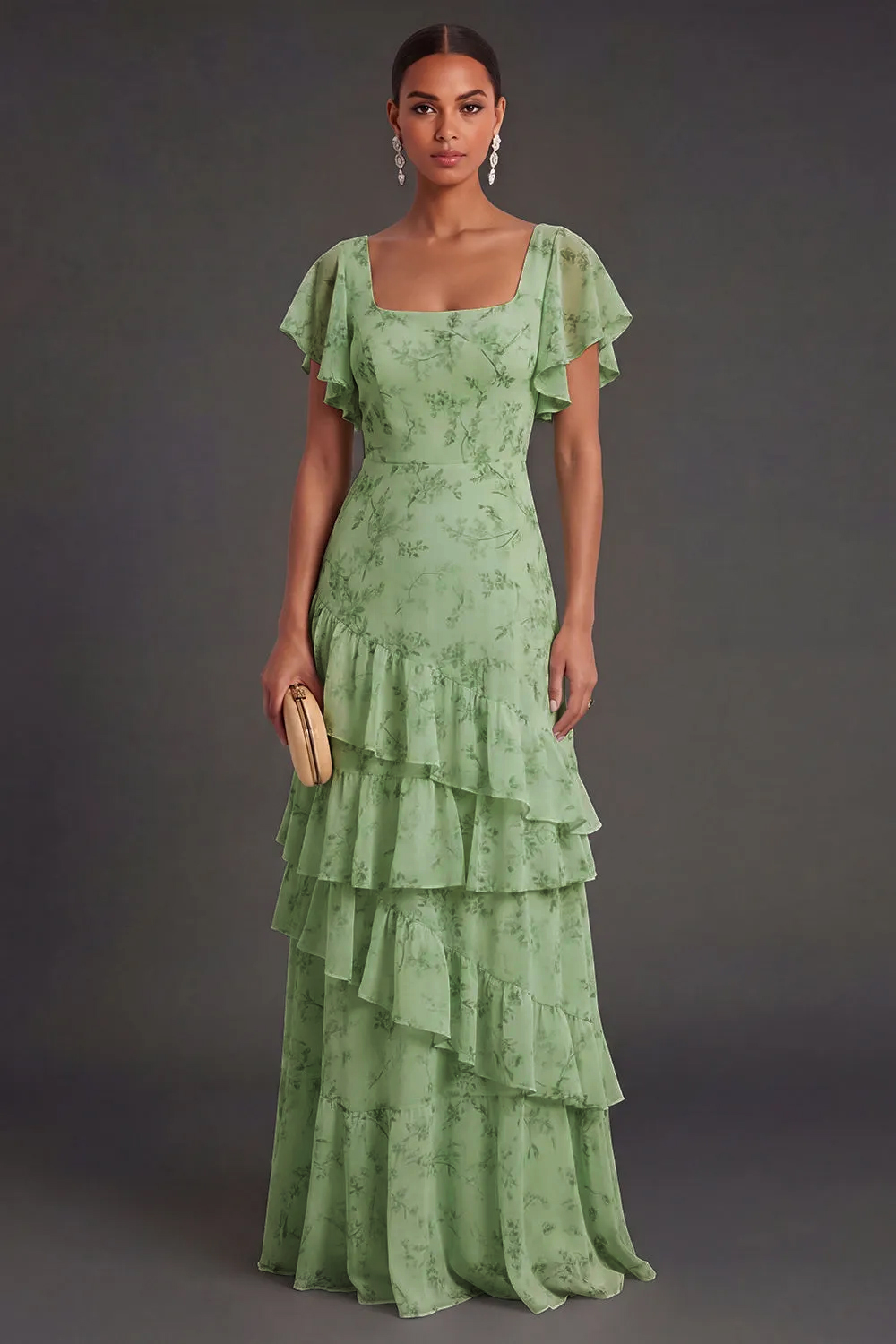 Dusty Sage Floral Ruffled Long Wedding Guest Dress