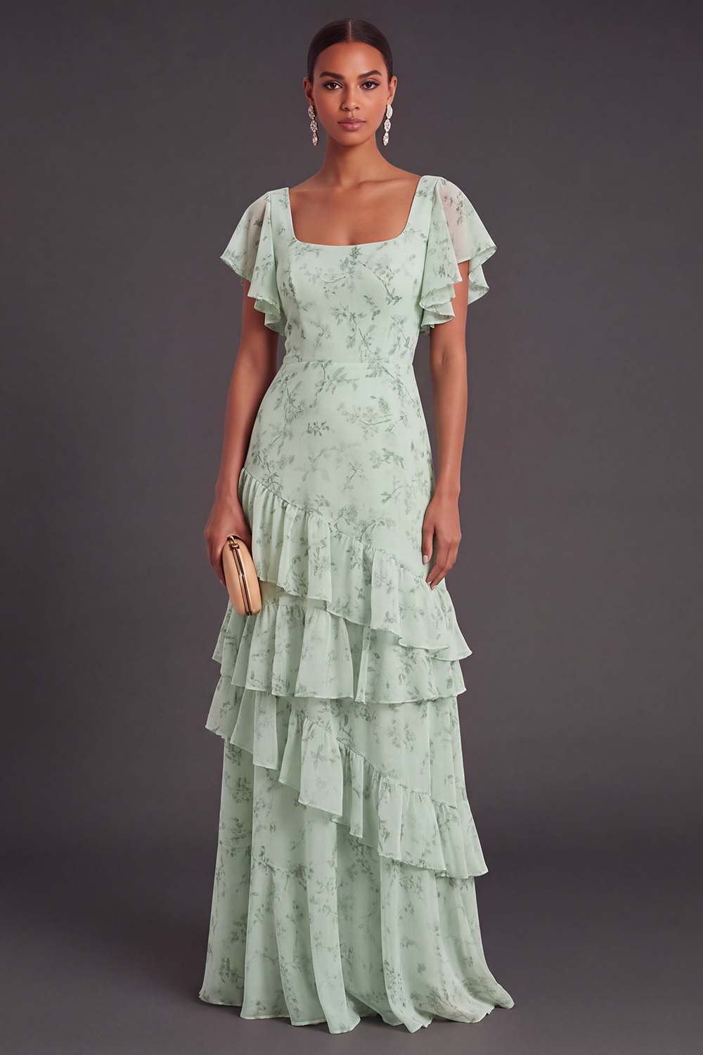 Dusty Sage Floral Ruffled Long Wedding Guest Dress