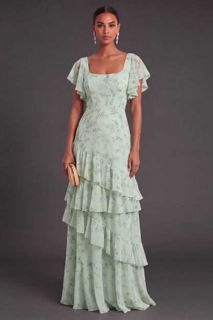 Leely Women Dusty Sage Floral Ruffled Long Wedding Guest Dress Square Neck A Line Garden Party Dress