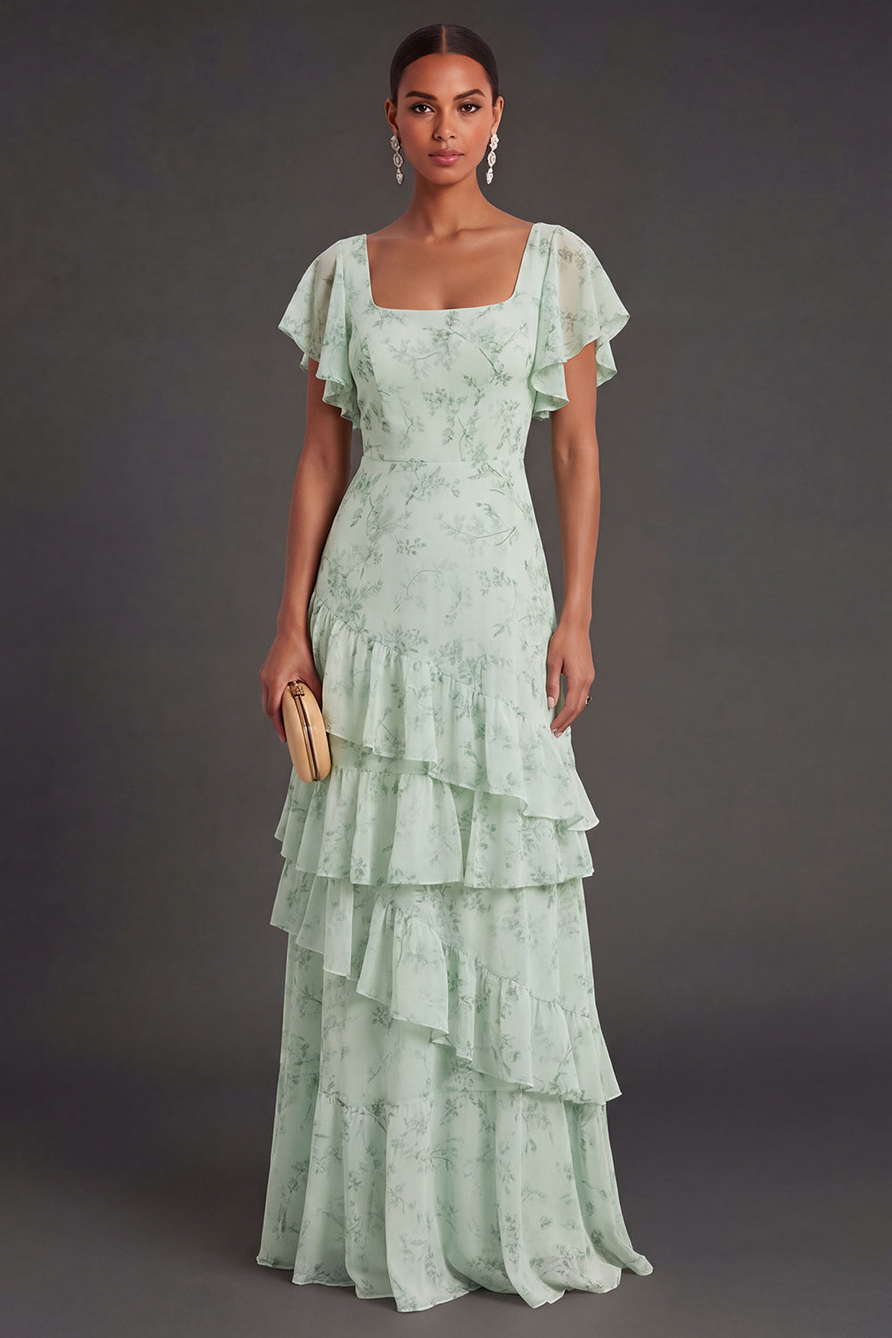Leely Women Dusty Sage Floral Ruffled Long Wedding Guest Dress Square Neck A Line Garden Party Dress