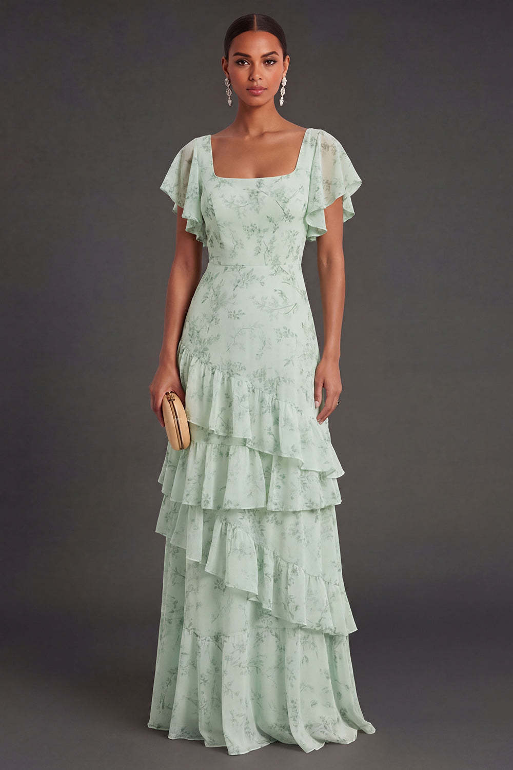 Leely Women Dusty Sage Floral Ruffled Long Wedding Guest Dress Square Neck A Line Garden Party Dress