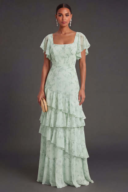 Leely Women Dusty Sage Floral Ruffled Long Wedding Guest Dress Square Neck A Line Garden Party Dress