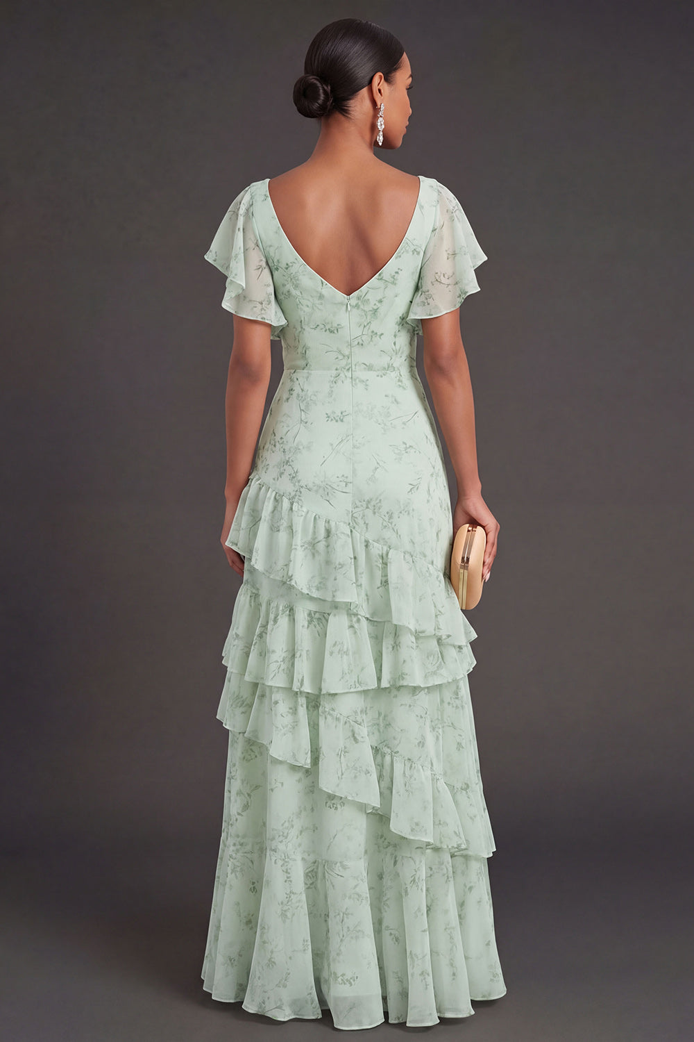 Dusty Sage Floral Ruffled Long Wedding Guest Dress