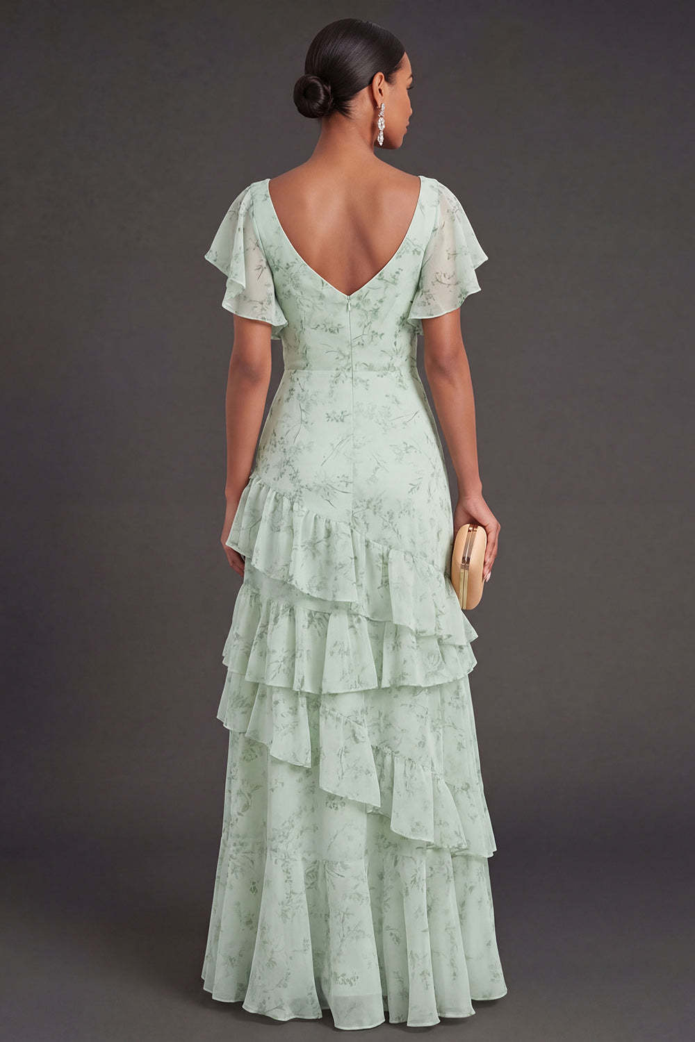Dusty Sage Floral Ruffled Long Wedding Guest Dress