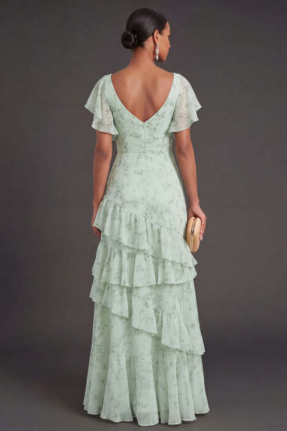 Dusty Sage Floral Ruffled Long Wedding Guest Dress
