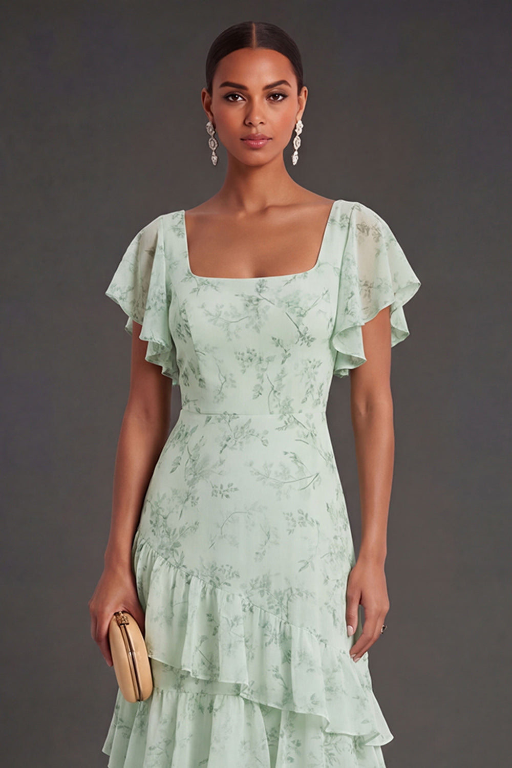Dusty Sage Floral Ruffled Long Wedding Guest Dress
