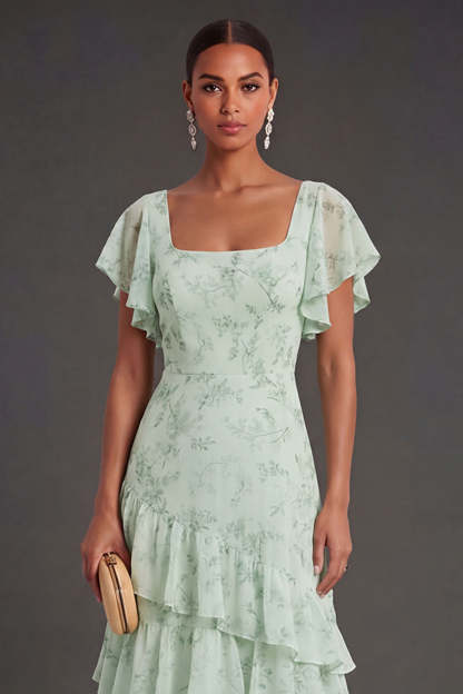 Dusty Sage Floral Ruffled Long Wedding Guest Dress
