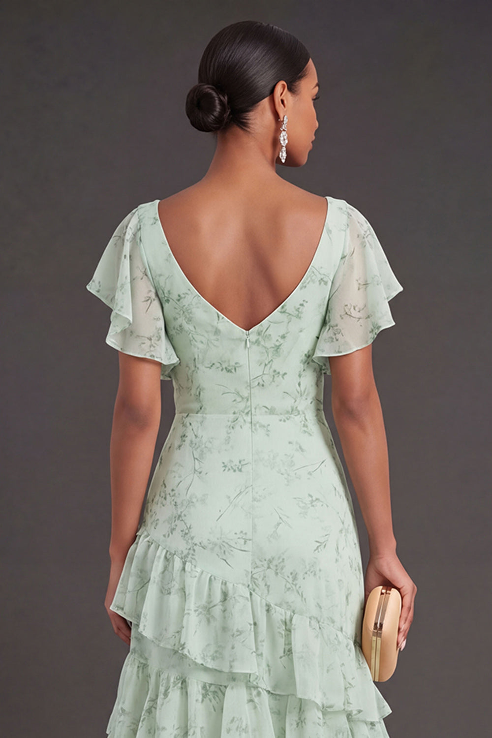 Dusty Sage Floral Ruffled Long Wedding Guest Dress