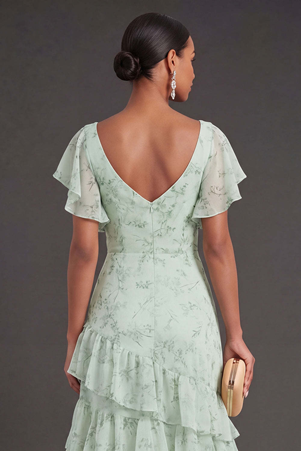 Dusty Sage Floral Ruffled Long Wedding Guest Dress