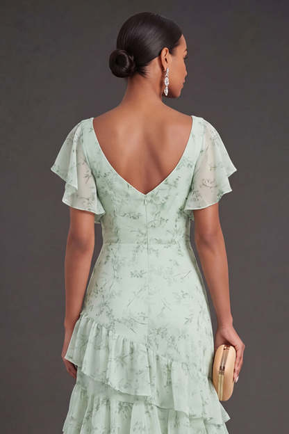 Dusty Sage Floral Ruffled Long Wedding Guest Dress