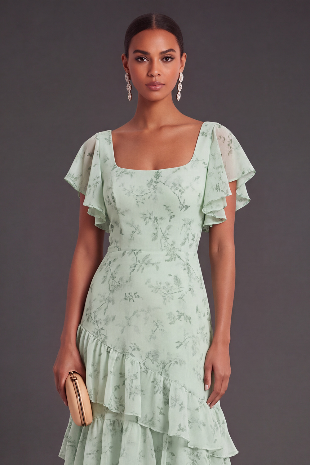Dusty Sage Floral Ruffled Long Wedding Guest Dress
