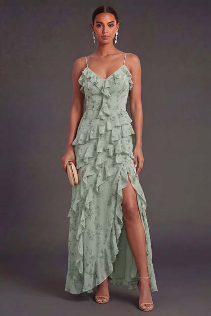 Leely Women Tiered Dusty Sage Floral Ruffled Long Wedding Guest Dress with Slit Spaghetti Straps Backless Garden Party Dress