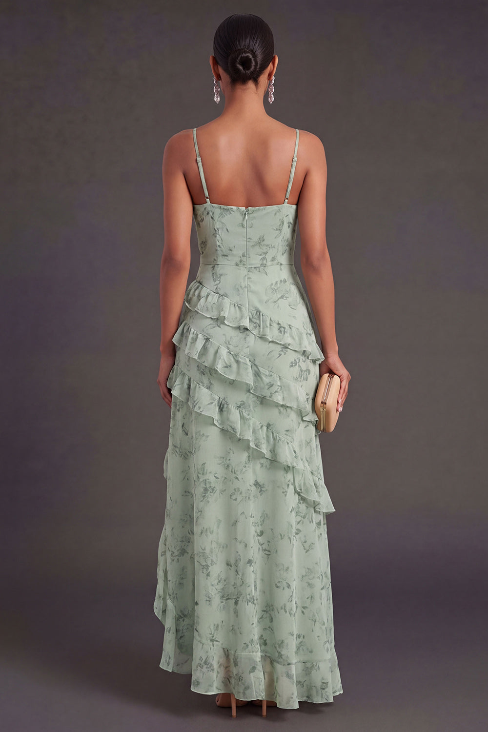 Tiered Dusty Sage Floral Ruffled Long Wedding Guest Dress with Slit