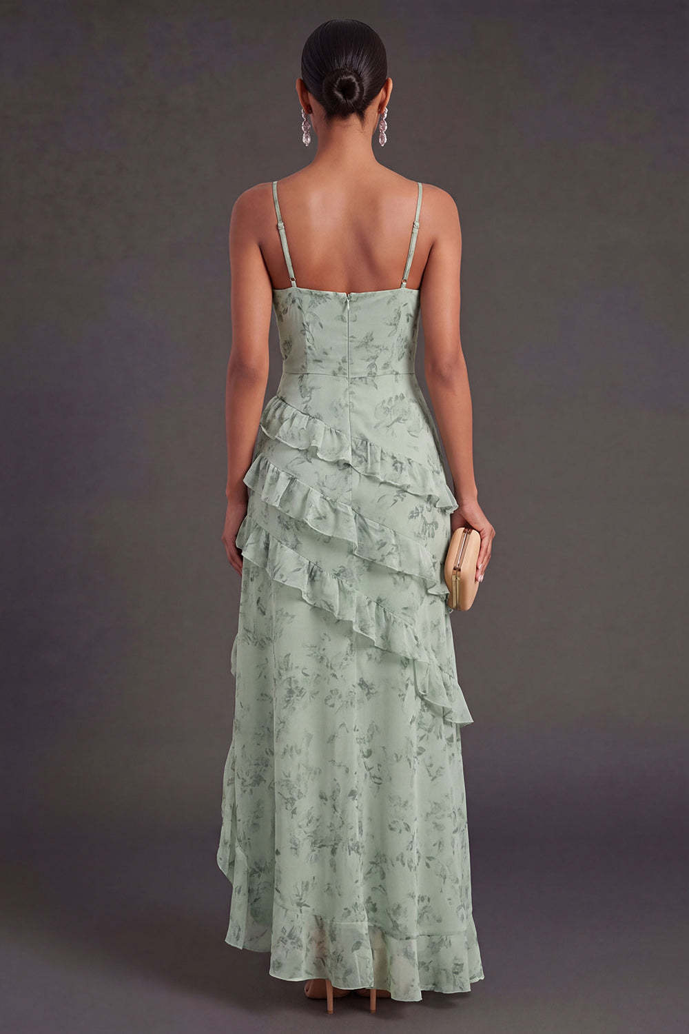 Tiered Dusty Sage Floral Ruffled Long Wedding Guest Dress with Slit