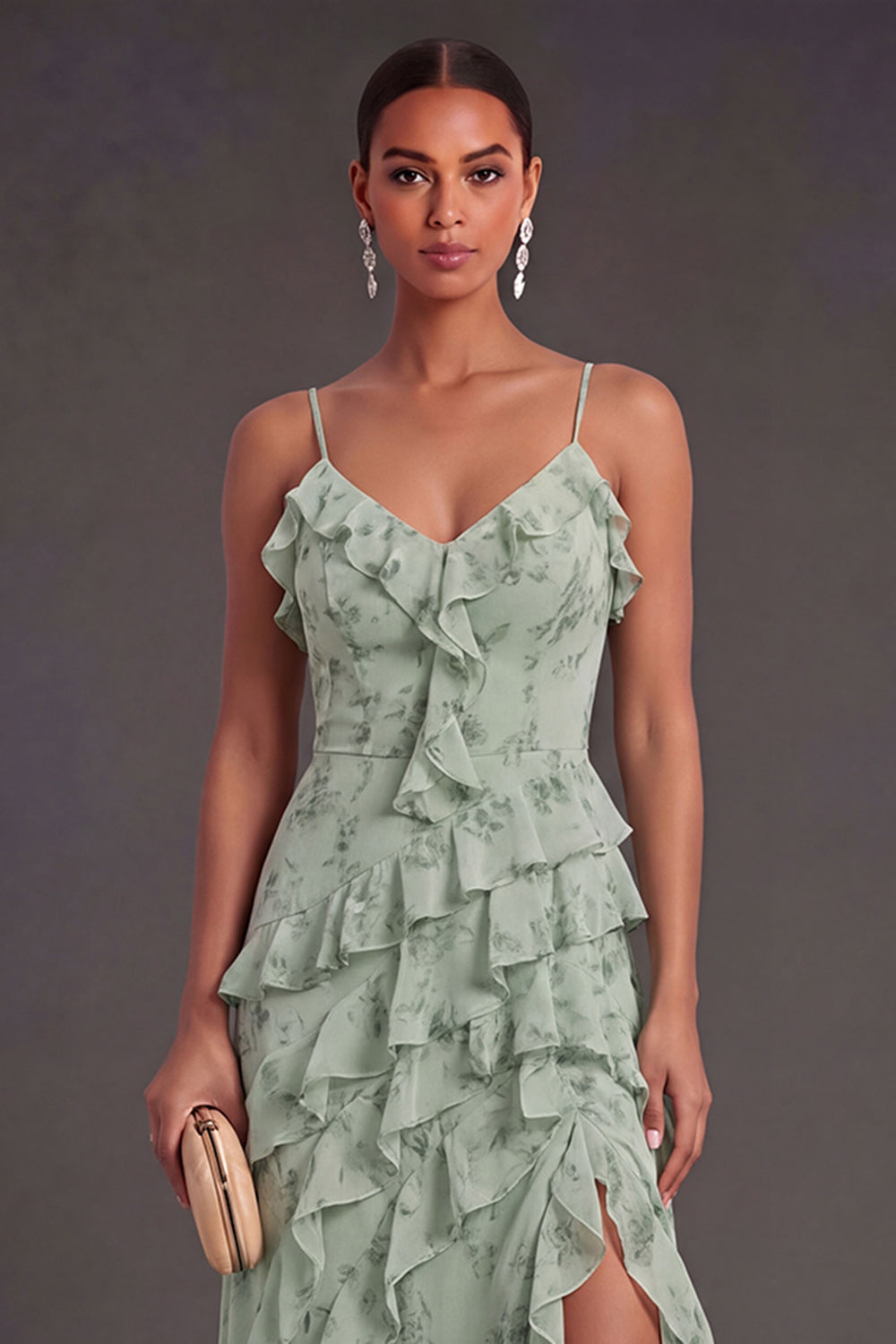 Tiered Dusty Sage Floral Ruffled Long Wedding Guest Dress with Slit