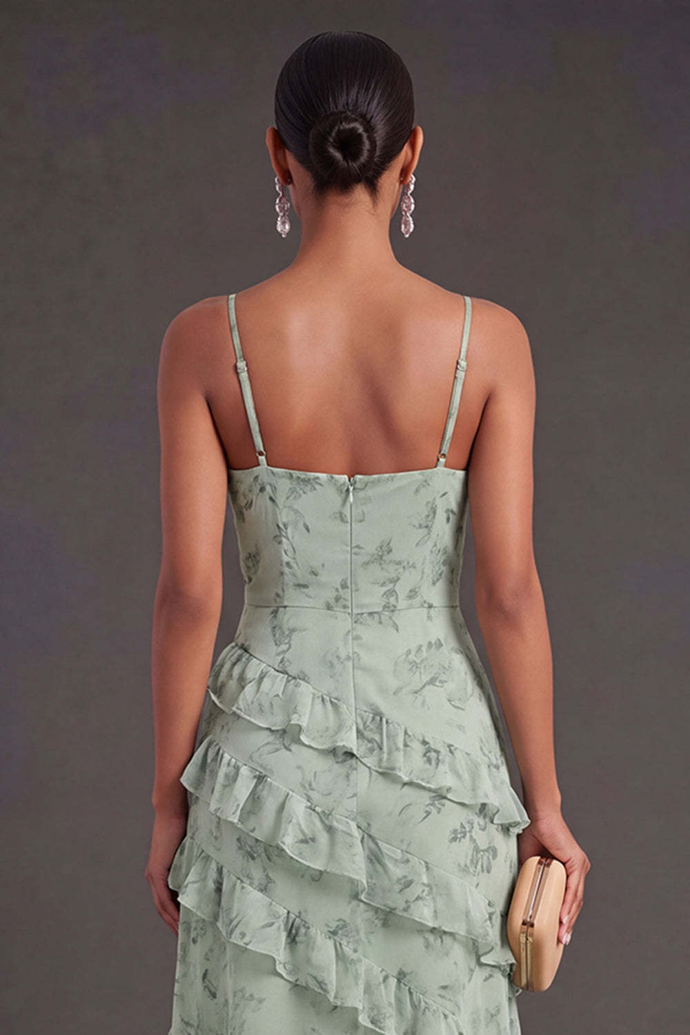 Tiered Dusty Sage Floral Ruffled Long Wedding Guest Dress with Slit