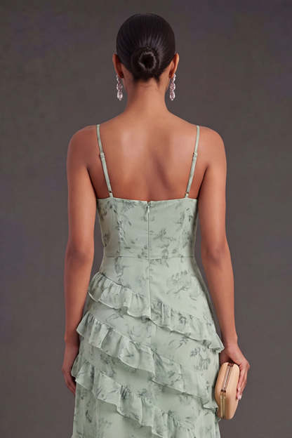 Tiered Dusty Sage Floral Ruffled Long Wedding Guest Dress with Slit