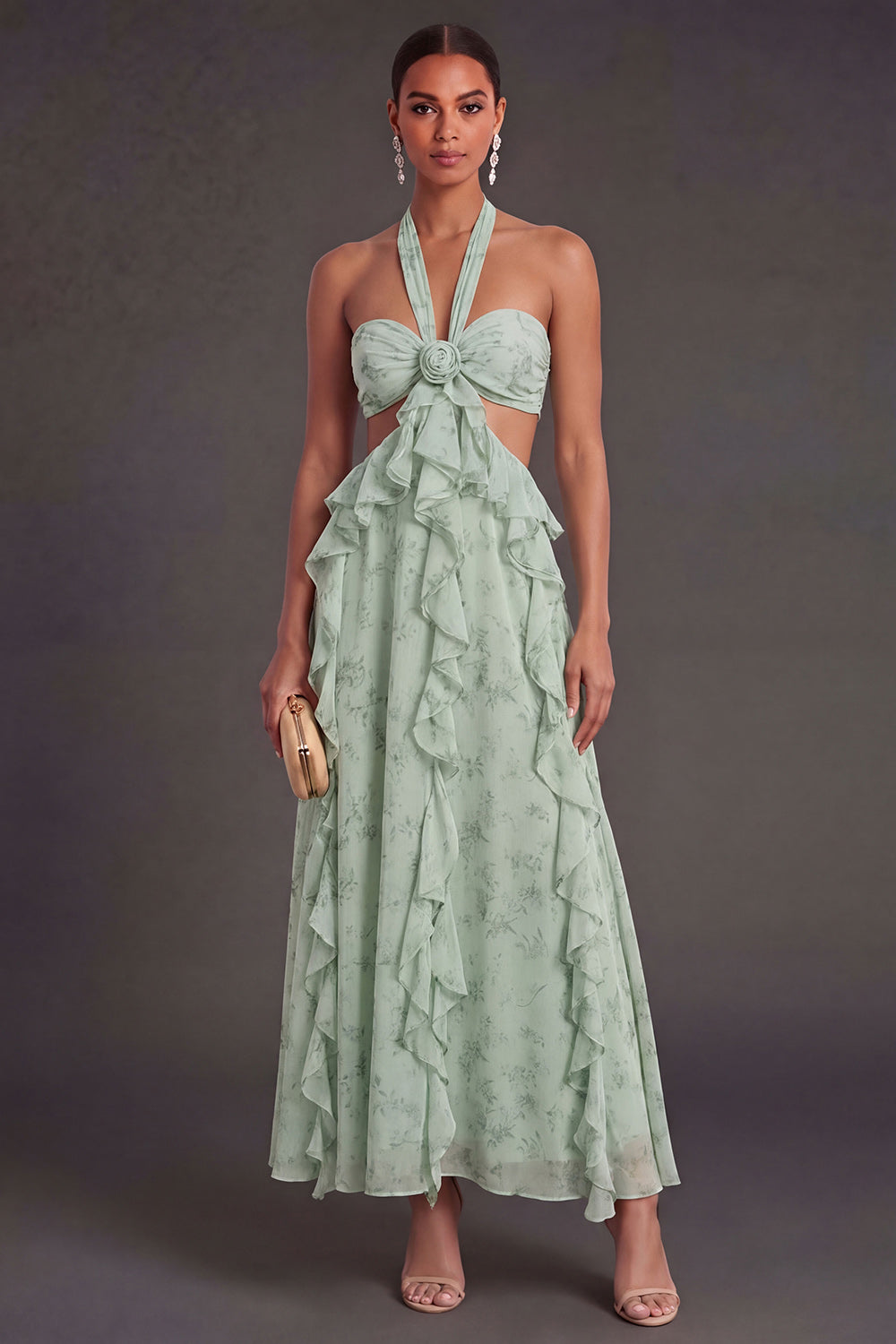 Leely Women A Line Ruffled Dusty Sage Long Wedding Guest Dress Backless Halter Neck Garden Party Dress
