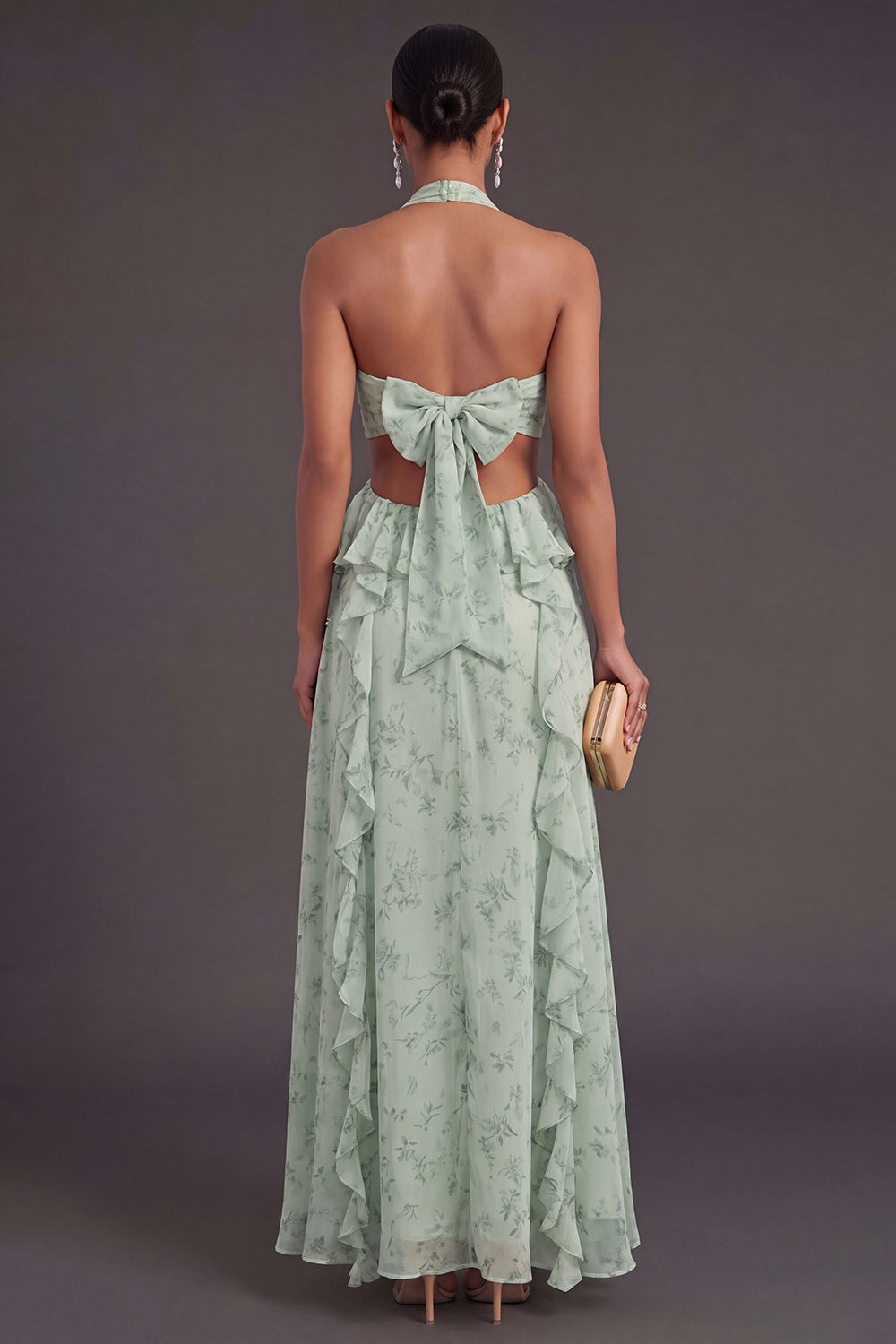 A Line Ruffled Dusty Sage Long Wedding Guest Dress
