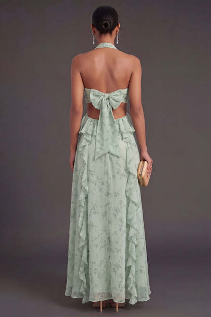 A Line Ruffled Dusty Sage Long Wedding Guest Dress