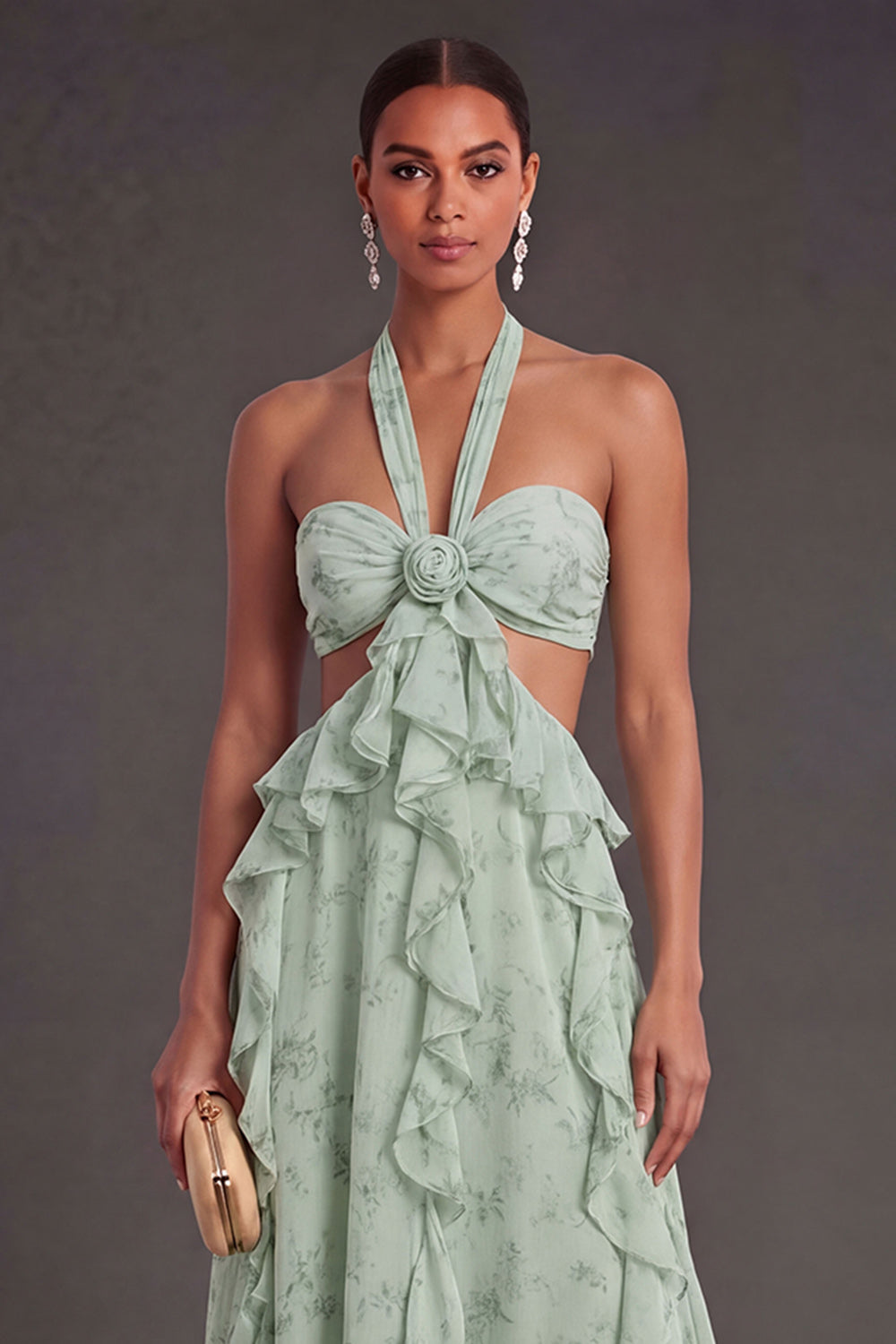 A Line Ruffled Dusty Sage Long Wedding Guest Dress