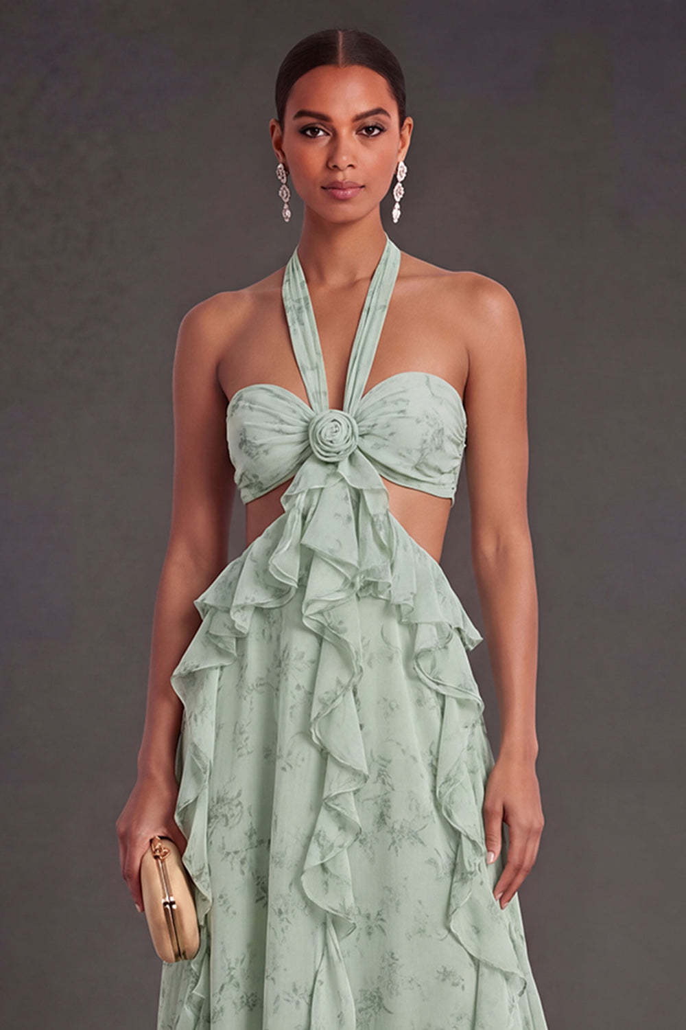 A Line Ruffled Dusty Sage Long Wedding Guest Dress