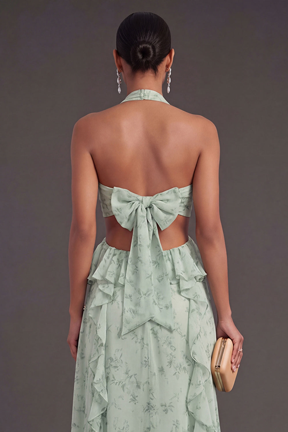 A Line Ruffled Dusty Sage Long Wedding Guest Dress