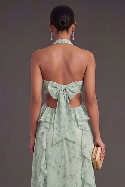 A Line Ruffled Dusty Sage Long Wedding Guest Dress