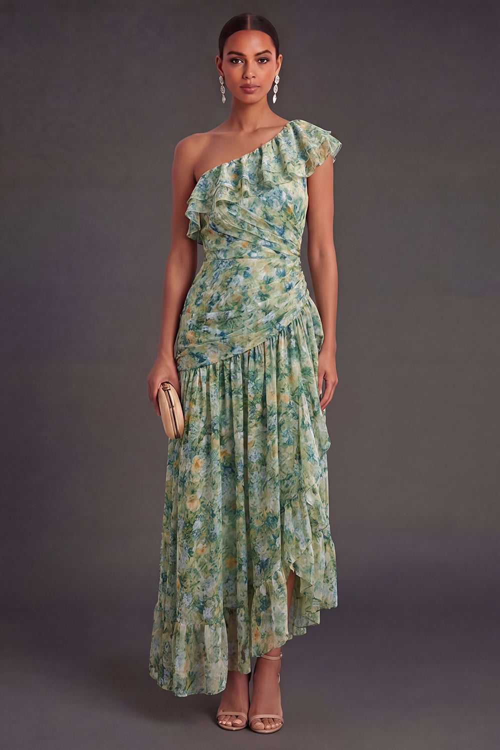 Dusty Green Floral A Line Ruffled Long Wedding Guest Dress