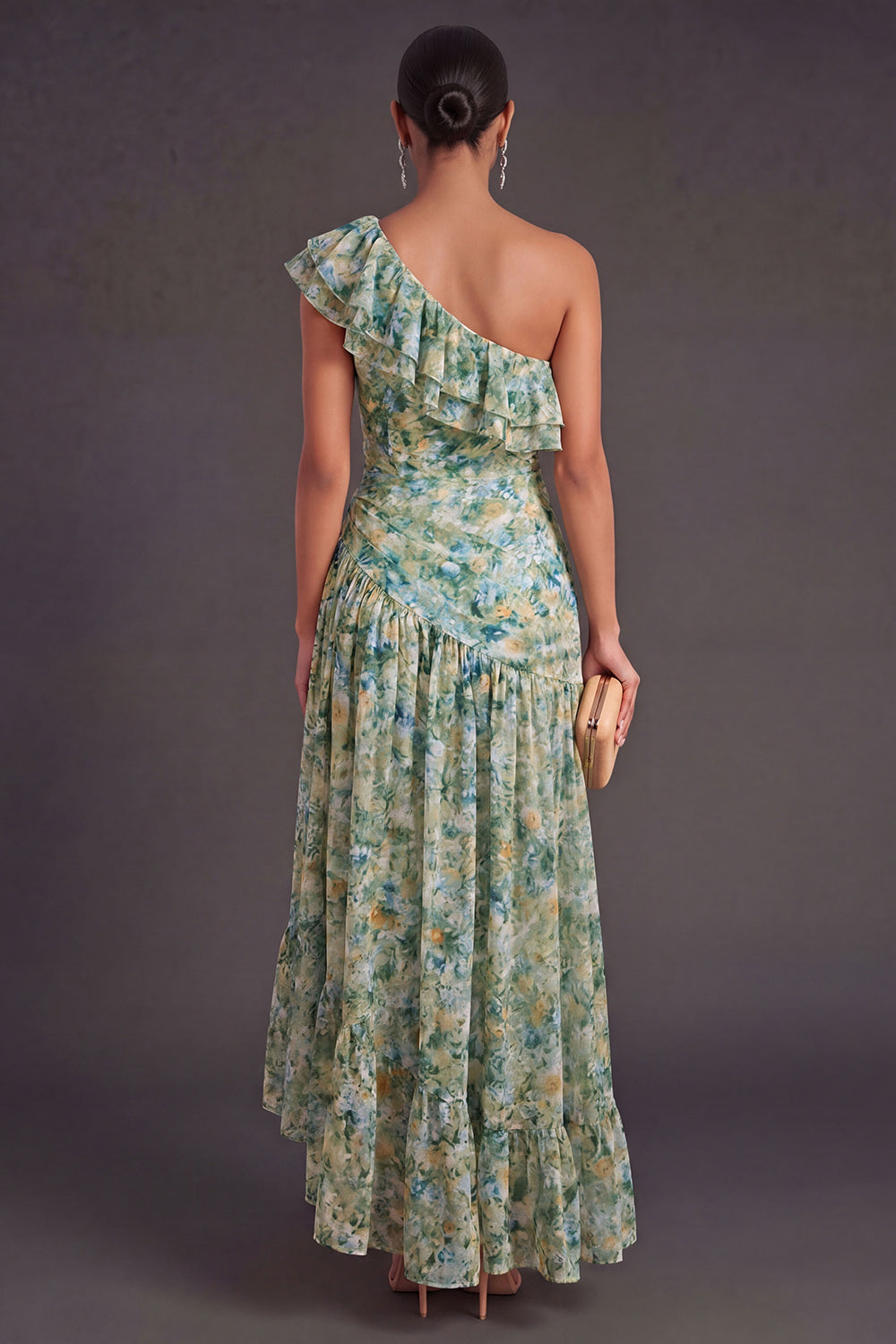 Dusty Green Floral A Line Ruffled Long Wedding Guest Dress