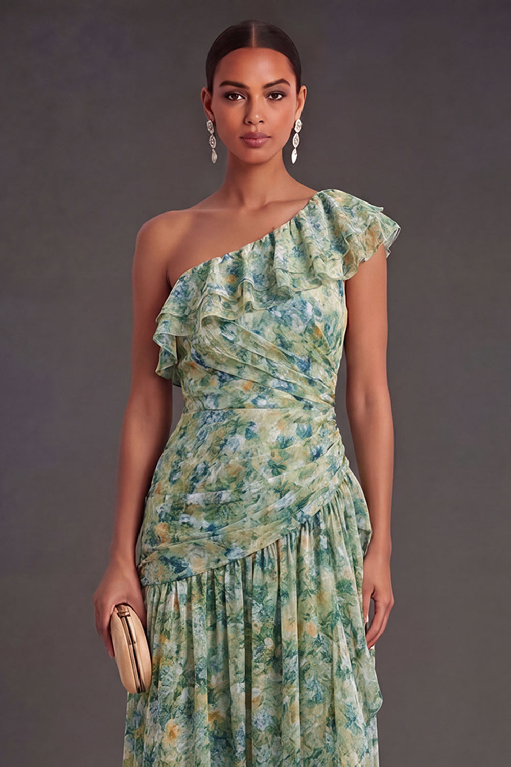 Dusty Green Floral A Line Ruffled Long Wedding Guest Dress