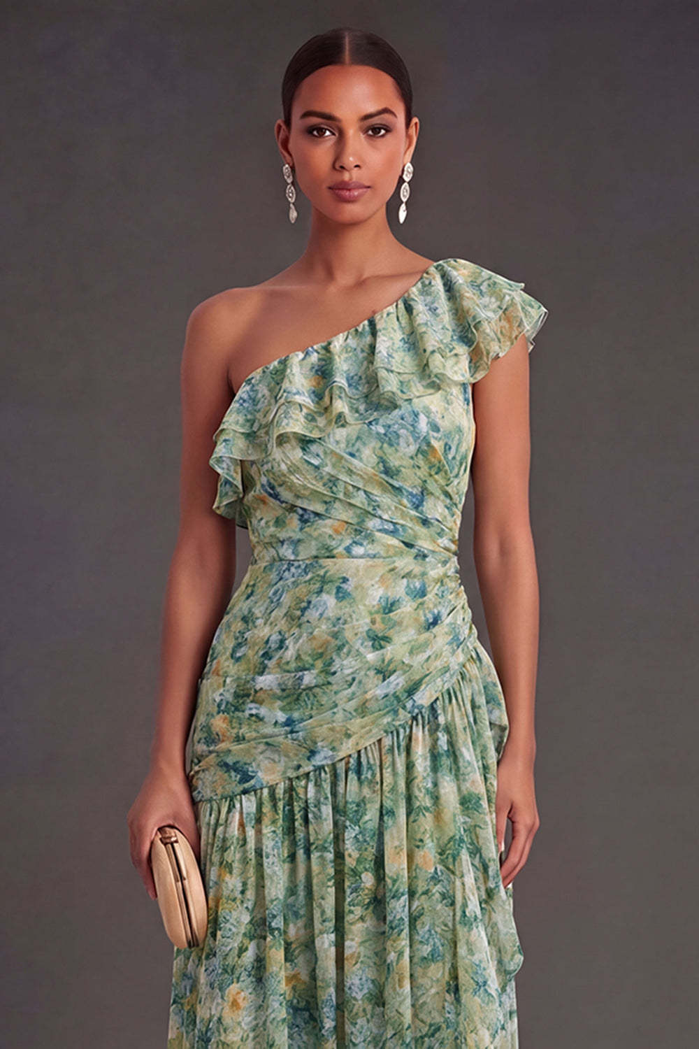 Dusty Green Floral A Line Ruffled Long Wedding Guest Dress