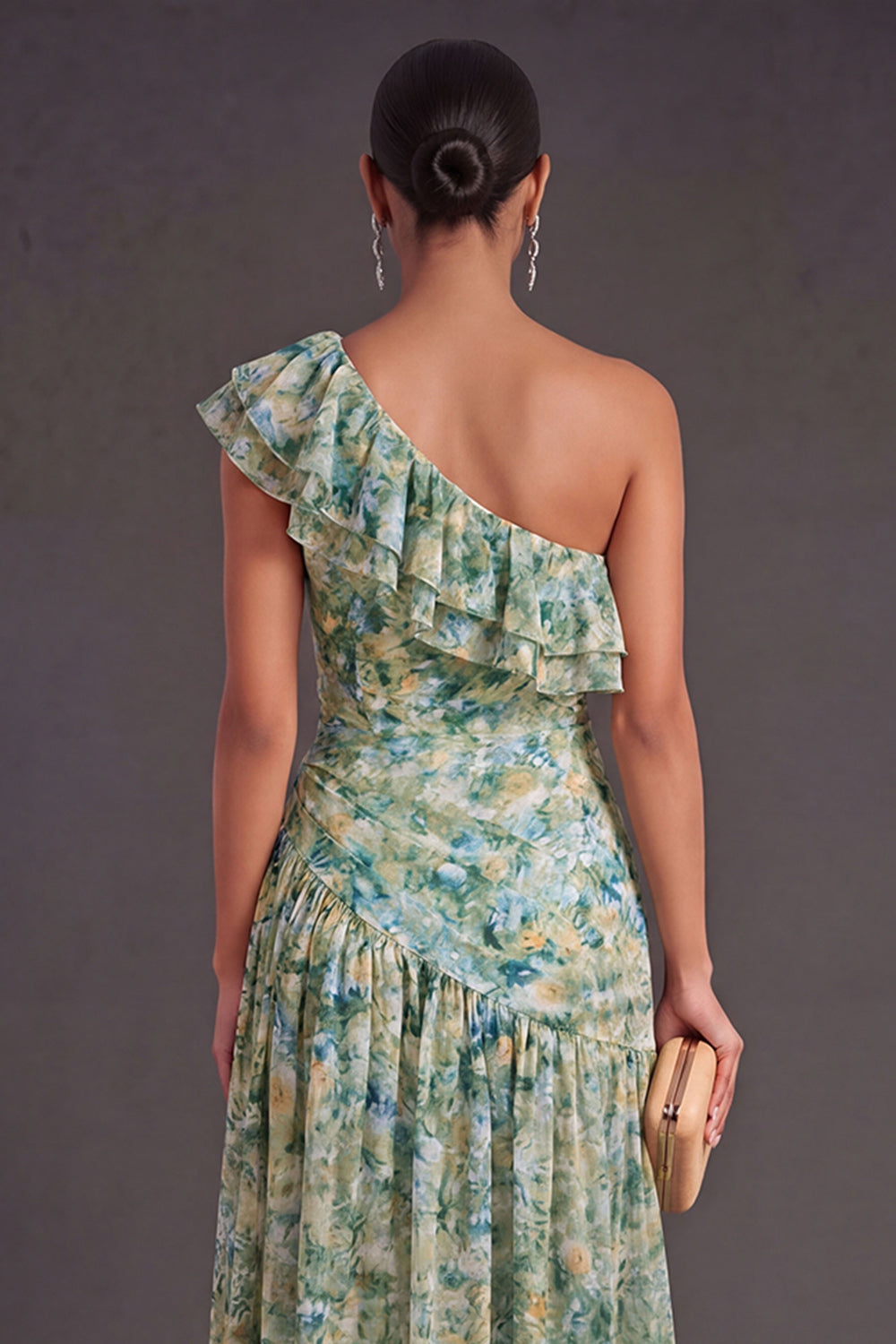 Dusty Green Floral A Line Ruffled Long Wedding Guest Dress