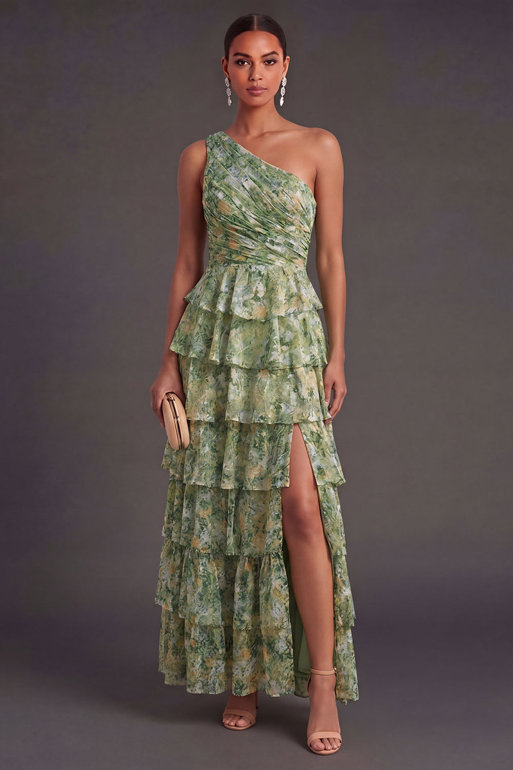 Leely Women Dusty Green Tiered Floral A Line Ruffled Long Wedding Guest Dress Backless One Shoulder Garden Party Dress with Slit