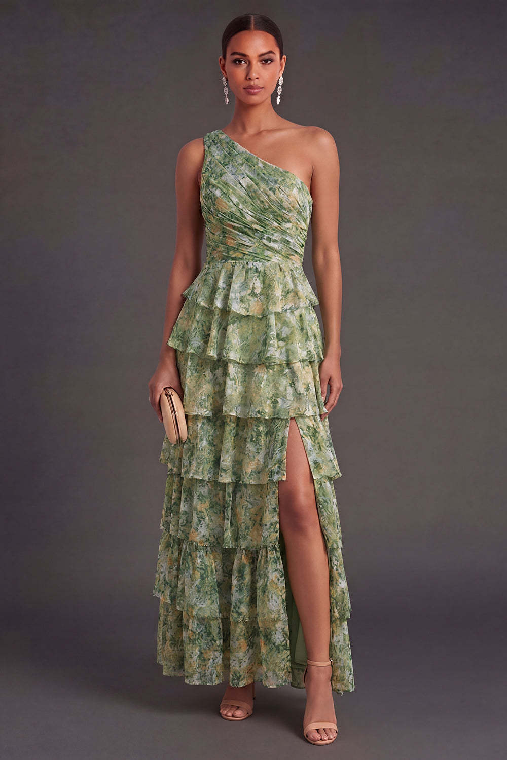 Leely Women Dusty Green Tiered Floral A Line Ruffled Long Wedding Guest Dress Backless One Shoulder Garden Party Dress with Slit