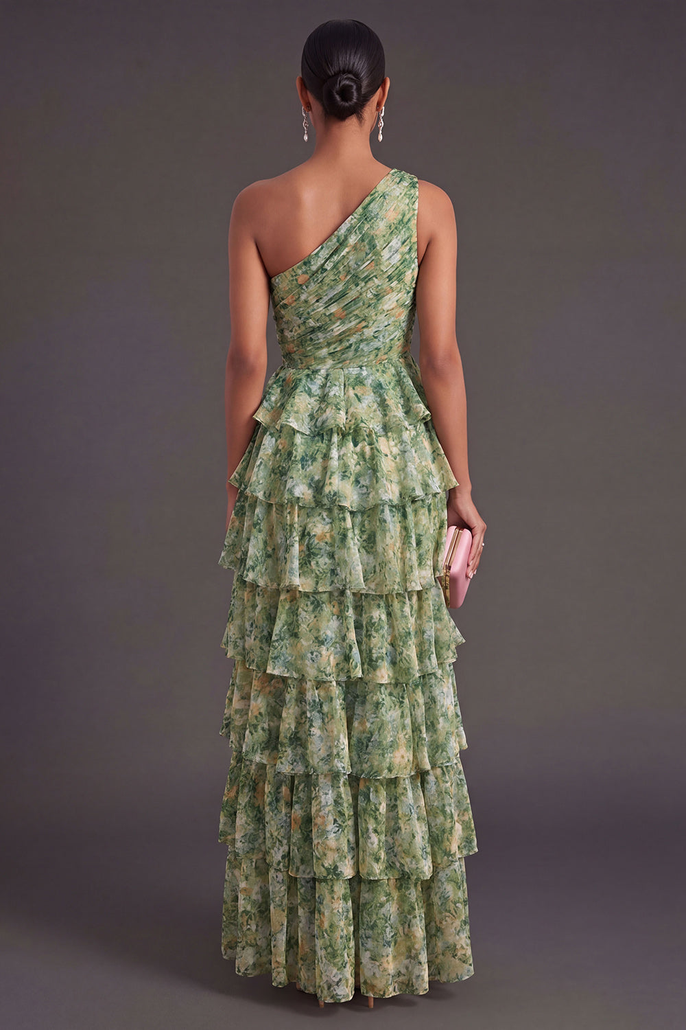 Dusty Green Tiered Floral A Line Ruffled Long Wedding Guest Dress