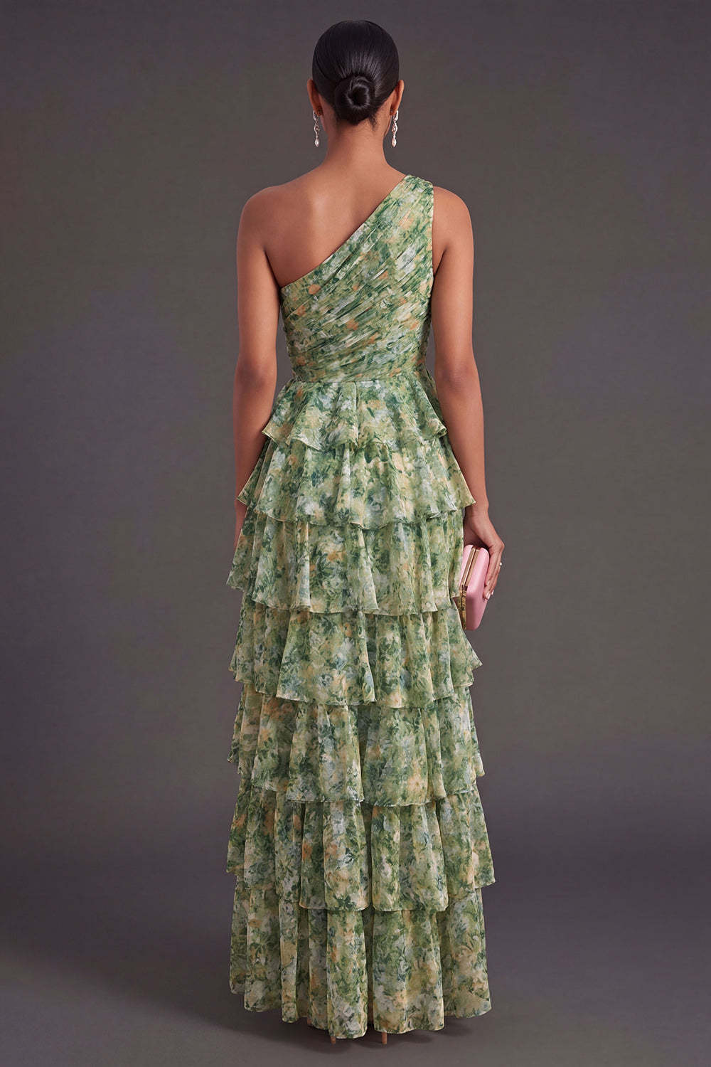 Dusty Green Tiered Floral A Line Ruffled Long Wedding Guest Dress