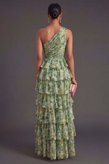 Dusty Green Tiered Floral A Line Ruffled Long Wedding Guest Dress