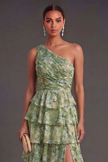 Dusty Green Tiered Floral A Line Ruffled Long Wedding Guest Dress