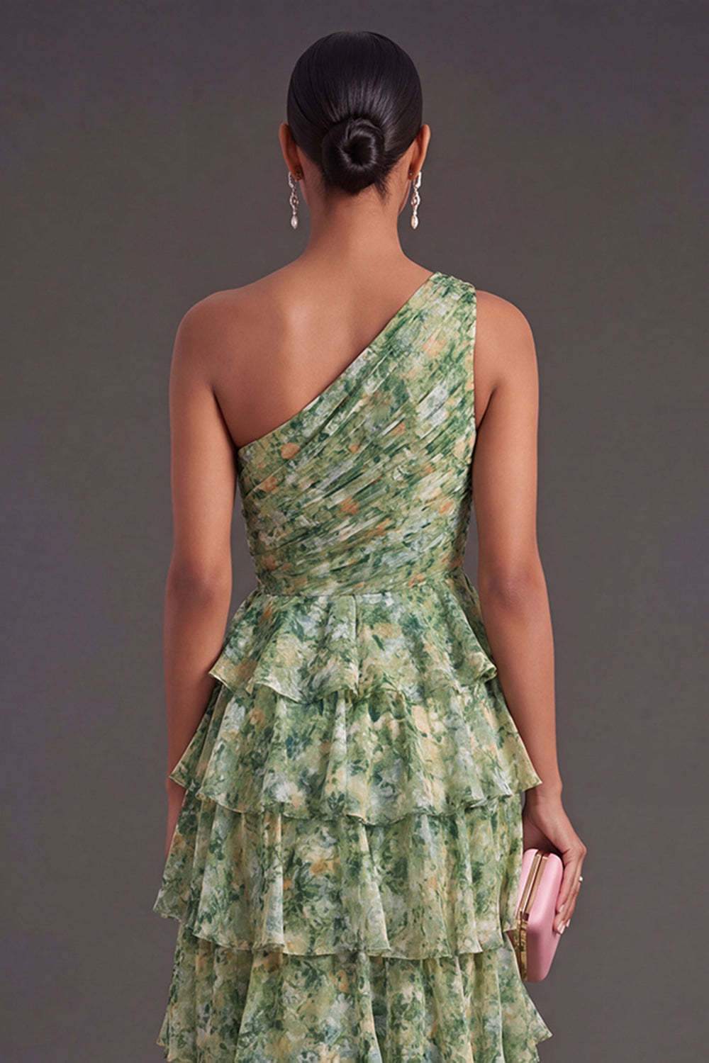 Dusty Green Tiered Floral A Line Ruffled Long Wedding Guest Dress